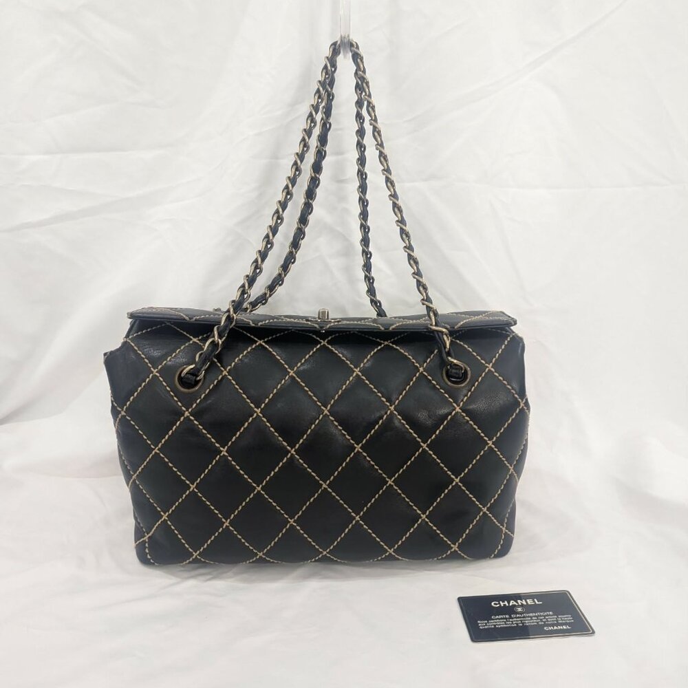 Vintage Chanel Black Quilted Leather Wild Stitch Shoulder Bag